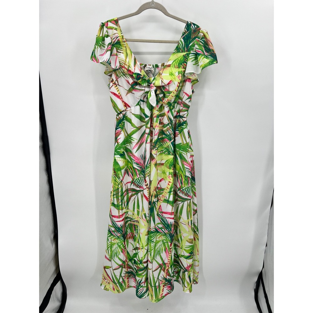 Taylor Tropical Palm Leaf Print Flutter Sleeve‎ Smocked Midi Dress Womens 16